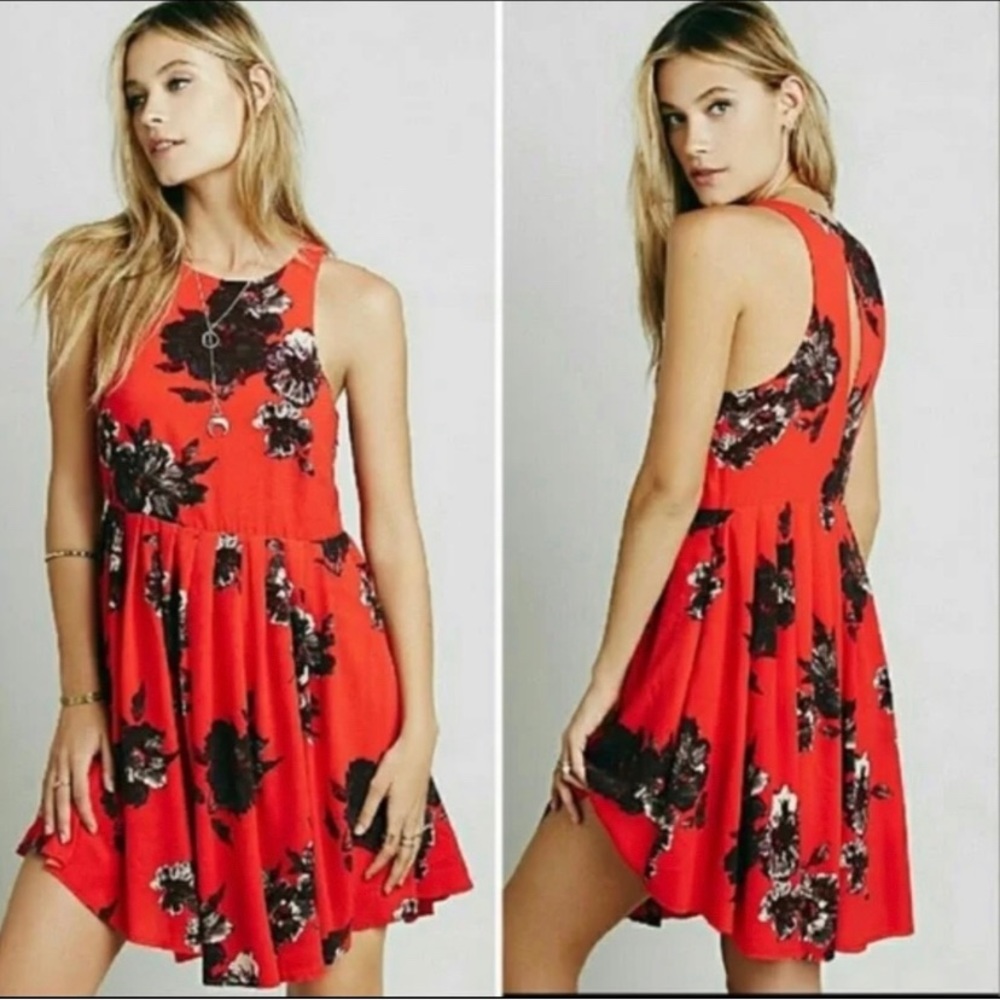 Free People Flutterby Cherry Red Mini Dress with floral detail